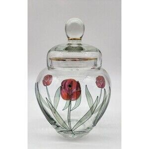 Romanian Glass Jar W Lid Hand Painted Floral Gold Accents Rim Crystal Clear 8"